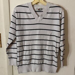 Lotus Traders Women's Black and White Striped V-Neck Sweater